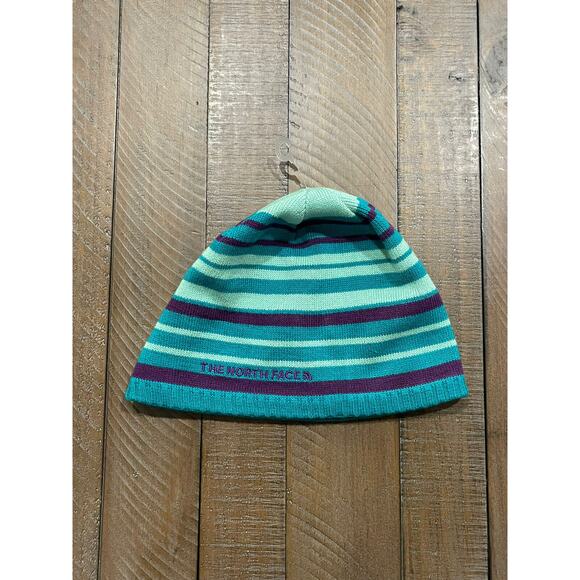 The North Face Youth Medium Winter Beanie Teal Purple Striped YOUTH MEDIUM - Picture 1 of 4